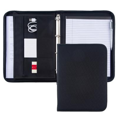 China Waterproof Canvas Fabric A4 Zipper Ring Binder Document File Folder Black Polyester Folder for sale