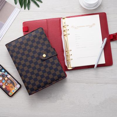 China Durable Leather A5 Hardcover Customized Gold Ring Binder Agenda Journal Diary, Refillable Planner Loose Leaf Checkered Notebooks for sale