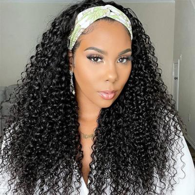 China Machine Made Wave Wig Headband Brazilian Deep Curly Deep Wave Human Hair Wigs With Head Band No Glue Scarf Wig for sale