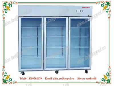 China OP-917 Upright Triple Glass Doors Digital Temperature Fan Cooling Display Refrigerator for sale