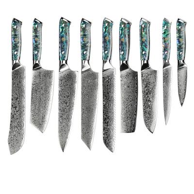 China Sustainable Hot Sale 9 Pcs Multifunctional Cooking Knife Set Japanese Chef Damascus Kitchen Knife Set With Abalone Handle for sale