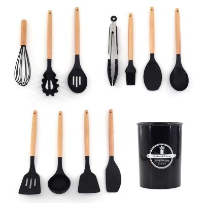 China 12 Pcs Durable Black Nonstick Silicone Kitchen Utensils Set With Holder And Wooden Handle Silicone Kitchen Cooking Tools for sale