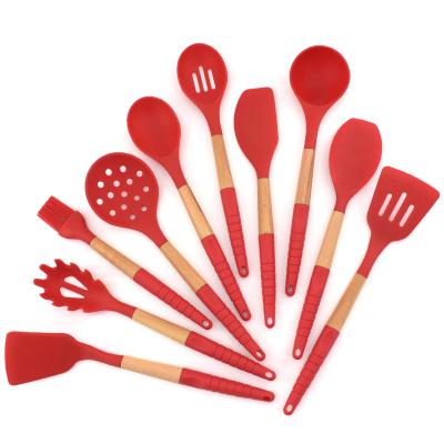 China Sustainable Red Non-Stick Silicone 9pcs Kitchen Utensils Set With Wooden Handle Kitchen Cooking Tools for sale