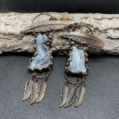 China A142 Europe and America cool antique plated agate bronze pendant druzy leaf necklace gemstone gemstone pendant necklace for sale