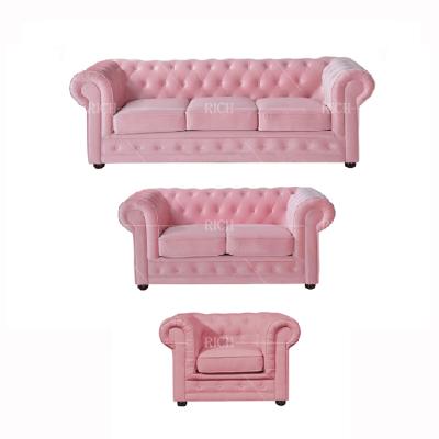 China Ornate Modern Living Room Furniture Velvet Pink Chesterfield Sofa Set 3 Seater Design for sale