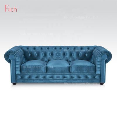 China Modern Classic Button Tufted Blue Tufted Sofa Pull Out Sofa Velvet Upholstery Velvet Chesterfield Sofa for sale