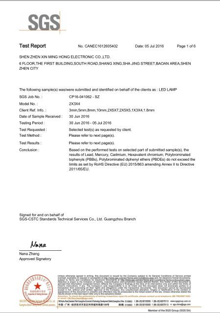 LED LAMPS ROHS CERTIFICATION - SHEN ZHEN XIN MING HONG ELECTRONIC CO.,LIMITED