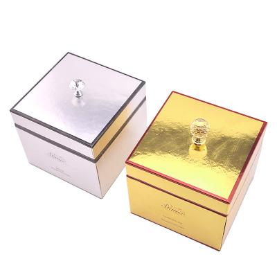 China Printing Logo Recyclable Gold Foil Candle Packaging Boxes With Water-drop Handle For Candle Jar for sale