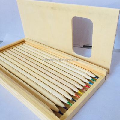 China custom natural wooden12 color pencil in wooden box round for sale