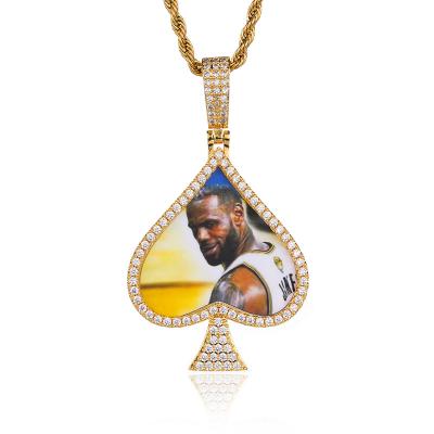 China Custom Hiphop Factory Full Diamond Poker Card Heart Pictures Memory Photo Frame Writing Pendant Necklace for sale