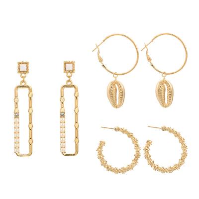 China FASHIONABLE Gold Plated Reometric Shape Rhinestone Pearl Shell Charm Women Earring Set Jewelry Earring Set for sale