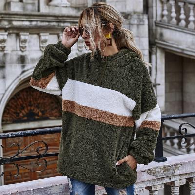 China 2021 new plush women's QUICK DRY coat women's long-sleeved coat urban casual hooded loose striped Amazon women's wear for sale