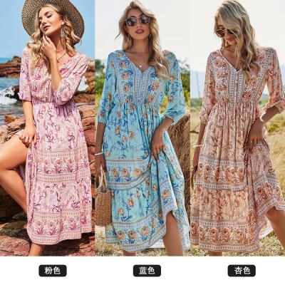 China 2021 Spring European bohemian women's high-waist V-collar women's wear new one-skirt and American AmazonA breathable mid-length dres for sale