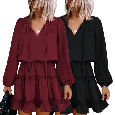 China 2021 New V-Neckline Red Black Elegant Anti-static Women's Long Sleeve Autumn Ruffle Wrap Mini Dress for sale