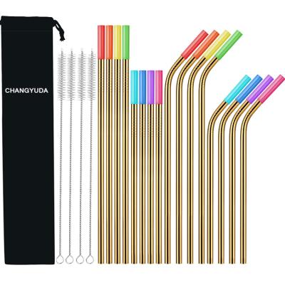 China Viable Amazon Hot Sale Reusable Stainless Steel Straw 16 Drinking Straws Set With Silicone Tips for sale