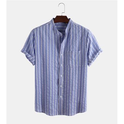 China Quick Dry Plus Size Anti Pilling Shirt Stand Collar Stripe Short Shirt With One Pocket Cheap Casual Shirts For Men for sale