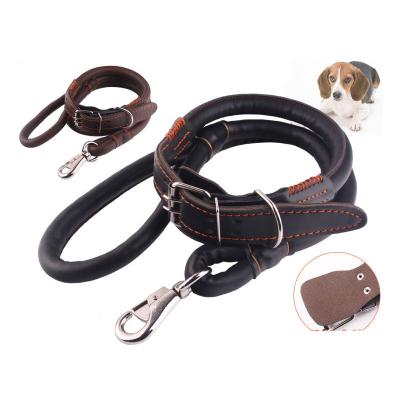 China Safe High-End Large Leather Pet Dog Collar Rope Dog Collar Leash Costume Round Pet Collars Leashes for sale