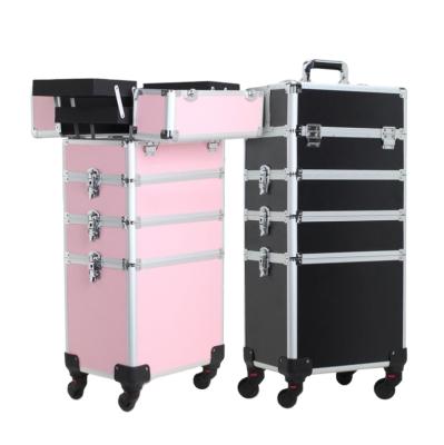 China Multi-layer Hard Detachable Nail Rod Trolley Cosmetic Portable Embroidery Universal PU Traction Case for sale