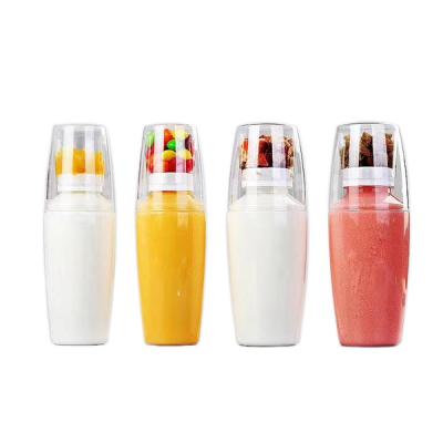 China Hot New Design Beverage 250ml 340ml New Design Plastic Shake Bottle With Snack Cups for sale