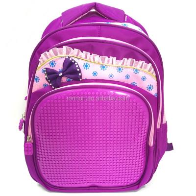 China Purple Pixel Backpack Fashion Puz DIY Art Kids Lovely Lace Bowknot Nylon School Bag for sale