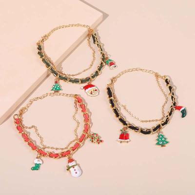 China New Fast Shipping Christmas Gold Rope Bracelets Christmas Santa Claus Elk Charm DIY Snowflake Tree Hand Bracelet For Kids Girls Friend for sale