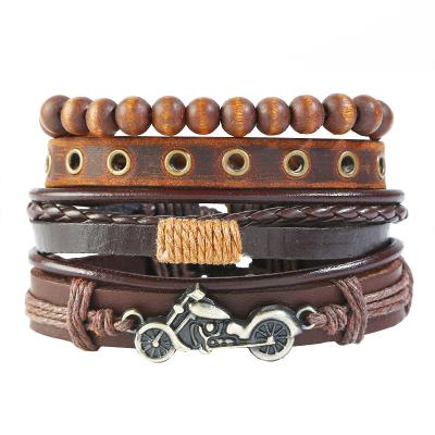 China Fashion Jewelry Quick Delivery TZB004 Adjustable 4 Pieces Set Mens Faux Leather Brown Motorcycle Punk Bracelet for sale