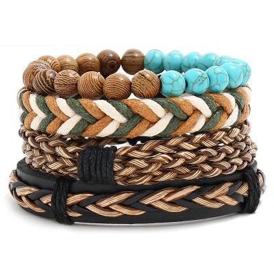 China Quick Delivery TZB019 New Arrival Legend Turquoise Leather Men Women Wooden Buddha Bead 4 Pieces Set Braided Bracelets for sale