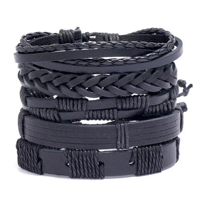 China Fast Delivery TZB193 Wrap Wide Full 5 Piece Woven Black Leather Bracelet DIY Set Combination Men's Bracelet Jewelry Set for sale