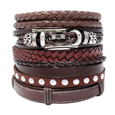 China 5 Piece Fast Delivery TZB199 Retro Set Personality Punk Men Wrap Woven Brown PU Leather Bracelet for sale