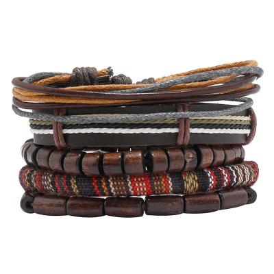 China Fashion Fast Delivery TZB201 Men's Wooden Beaded Bracelet 5 Pieces Set Handmade Ethnic Bohemian Leather Bracelets for sale