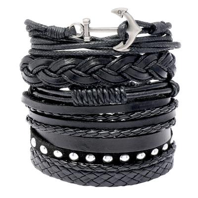 China Fast Delivery Hot Sale 6 Pcs/Anchor Handmade Woven Leather Bracelets Set Punk Jewelry For Men And Women for sale