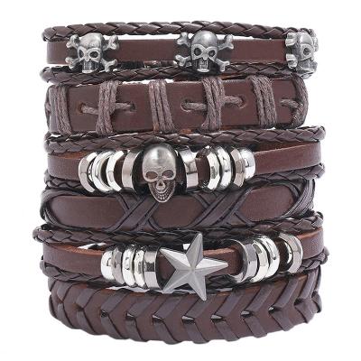 China Retro Skull Braided Jewelry Hot Selling Fast Delivery Combination 6 Pieces PU Leather Bracelet Set For Men for sale