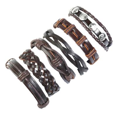 China Fast Delivery Wholesale Vintage 6 Pcs Set Star Punk Metal Star Pentagon Multilayer Leather Bracelet For Men for sale