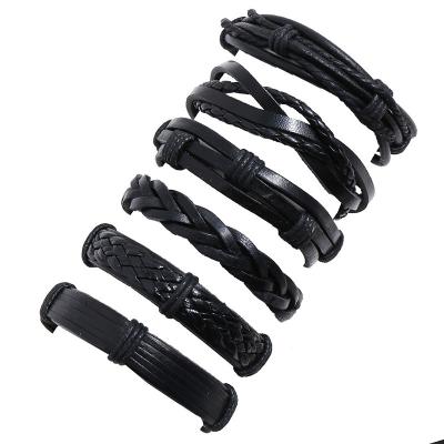 China Fast Delivery Vintage 6 Pcs Faith Friendship Braided Full Black Leather Bracelet For Men And Women for sale