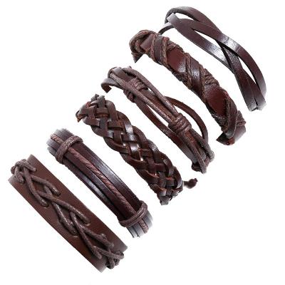 China Cheap Brown DIY Handmade Vintage Braided Fast Delivery 6 Piece Leather Punk Style Set Men's Cuff Bracelet for sale