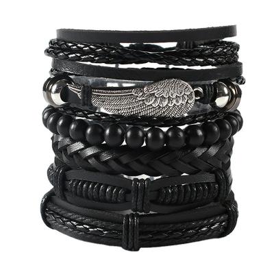 China 6 Piece Set Jewelry Set Fast Delivery Alloy Angel Wings PU Leather Bracelet Set Black Multilayer Braided Adjustable Bracelet for sale