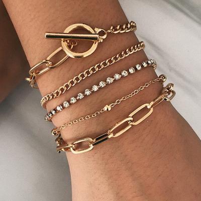 China Quick Delivery LCB001 T Cuban Link Geometric Bar Chain Multi Layer Charm Gold Adjustable Bracelet For Women for sale