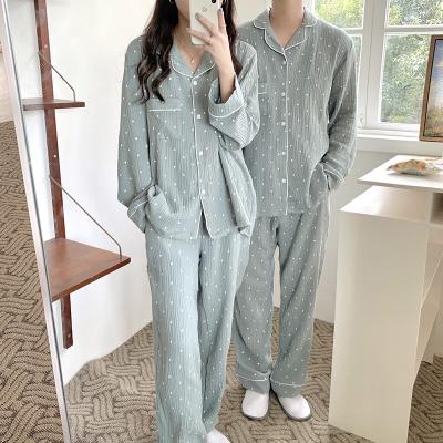 China New Lovers Pajamas Single Stitch QUICK DRY Long Wave Long Sleeve Men And Women Cotton Suits Soft Loose Home Pajamas for sale