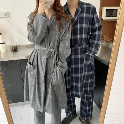 China Wholesale-Cotton Pajamas Retro Large Plaid Couples Robe Pajamas Autumn New Lace Cardigan Loose QUICK-DRY Home Suit for sale