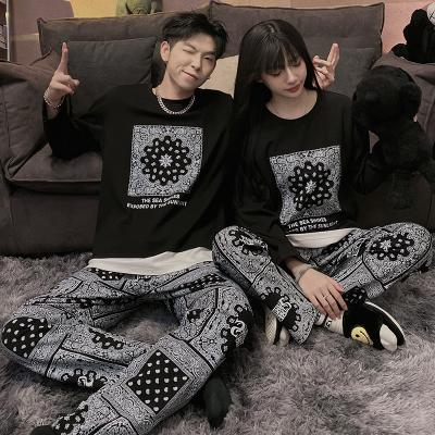 China QUICK DRY cotton long sleeve pajamas pants spring autumn set full cotton round collar pajamas men women couples pajamas set for sale