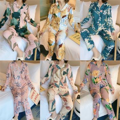 China Autumn Sale 2 Pcs Women Pajamas Floral Print Cardigan Lapel Pajamas Long Sleeves Causal Nightgowns Pants Ladies QUICK DRY Warm Nightgowns for sale