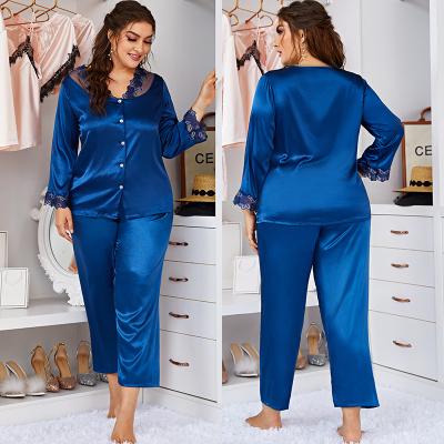 China QUICK DRY Plus Size Women's Sleepwear Ladies Summer Lace V Collar Sleeve Cardigan Long Set Large Home Service Velvet Wholesale Pajamas for sale