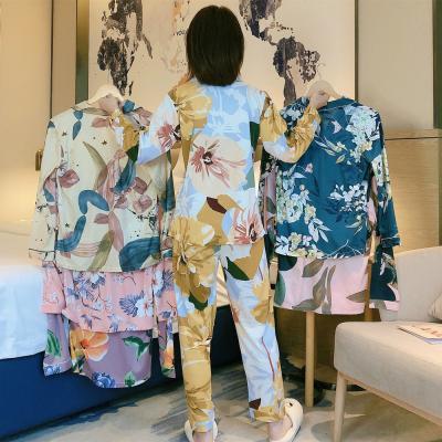 China INS Silk Pajamas Set Ladies Spring Family Sleepwear QUICK DRY Autumn New Long Sleeve Pants Women's Pajamas for sale