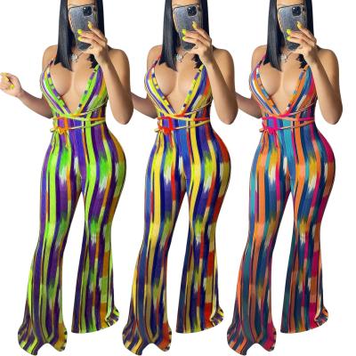 China QUICK DRY Europe and the United States popular style women's stripe printing back horn jumpsuit thin velvet pajamas for sale