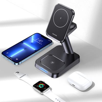 China Function 3 in 1 USAMS 2021 Magnetic Wireless Charger with Stand Fast Wireless Charger 3 in 1 Wireless Charging Stand for Iphone for sale