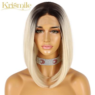 China Short Straight Synthetic Krismile Bob Ombre Blonde Yaki Lace Front Wigs For Women Cosplay Summer Hair Daily High Temperature Party for sale