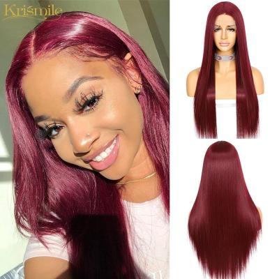 China Krismile T Piece Straight Lace Front Wig Long Straight Glueless Futura Synthetic Fiber Wig For Women Burgundy Part Medium High Heat for sale