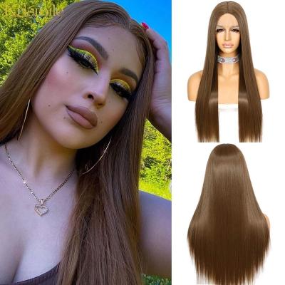 China Krismile T Piece Straight Brown Lace Front Wigs Long Straight Glueless Futura Synthetic Fiber For Women Medium Part High Temperature Diary for sale