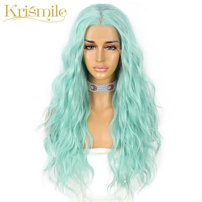 China Krismile Water Wave Synthetic Lace Front Wigs Light Blue Hair Long For Women Party Cosplay Clog Queen Daily High Temperature for sale