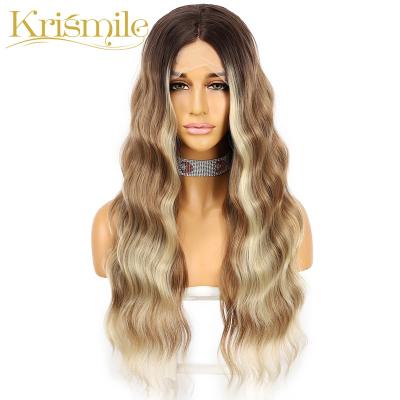 China Krismile Balayage Regular Wig Synthetic Lace Front Wig Ombre Brown Highlight Long Medium Wavy Hair For Women Daily High Temperature for sale